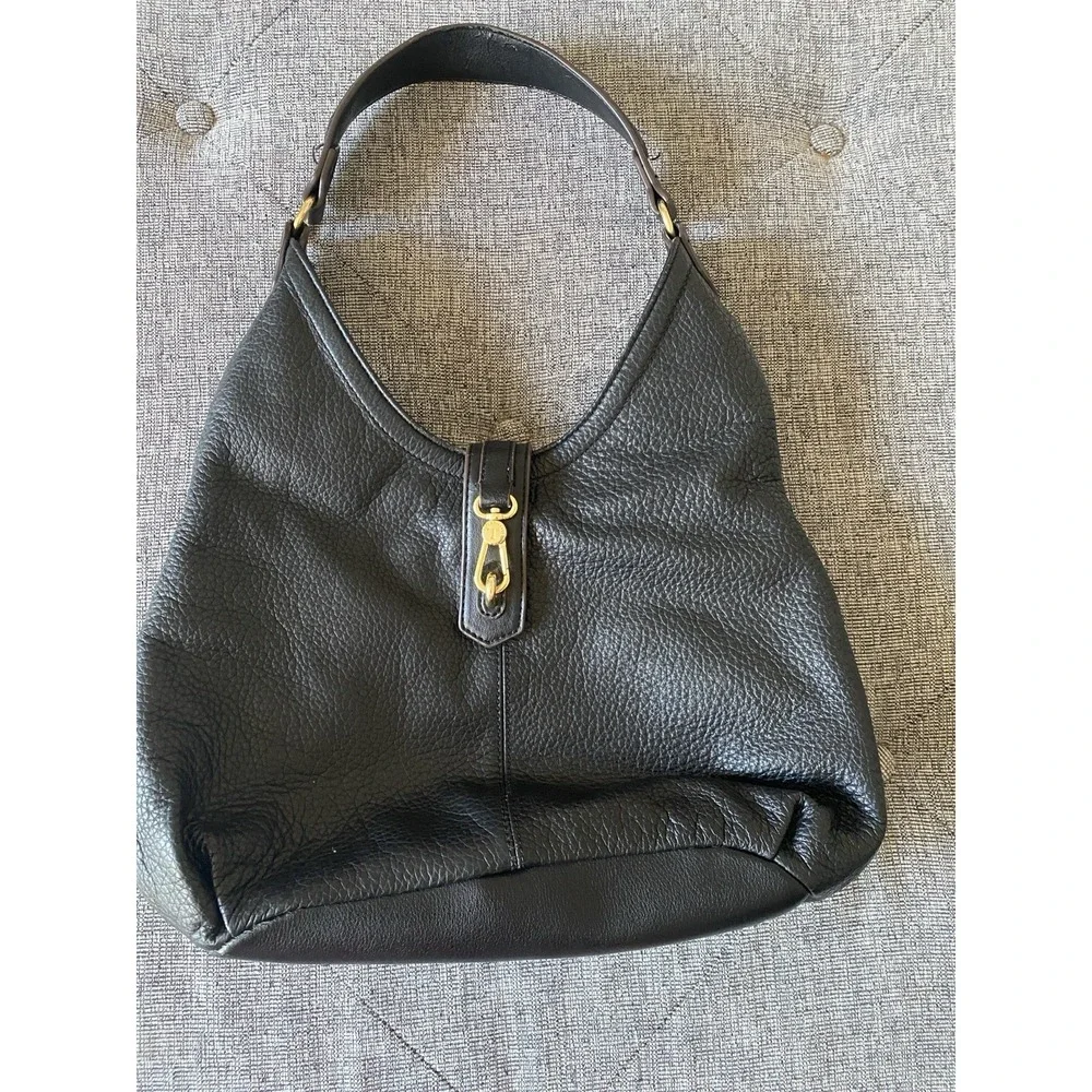 Tignanello Black Pebbled Leather HoBo Shoulder Bag Hand Bag Gold Tone